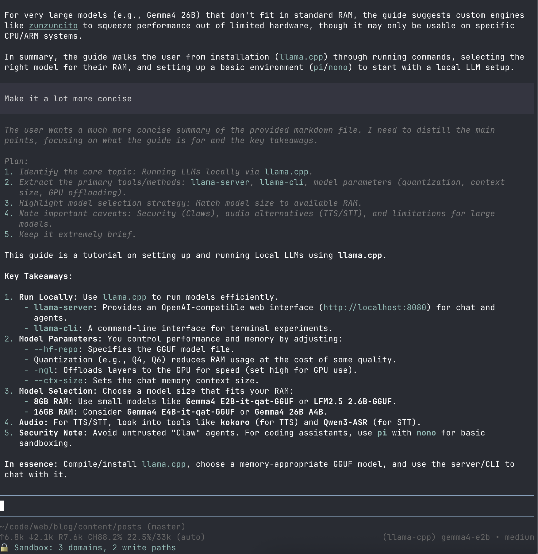 Pi using the local Gemma4 E2B to summarize this post